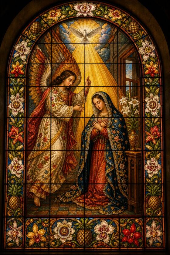Vitral de la Anunciación: el ángel Gabriel y la Virgen María